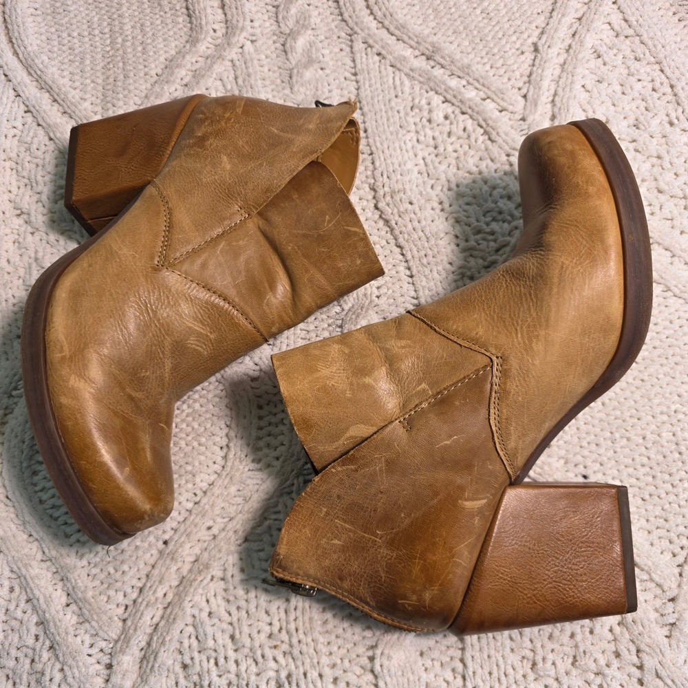 Korks Ankle Boots Tan Distressed Leather Covered Block Heel Back Zip Women 8M